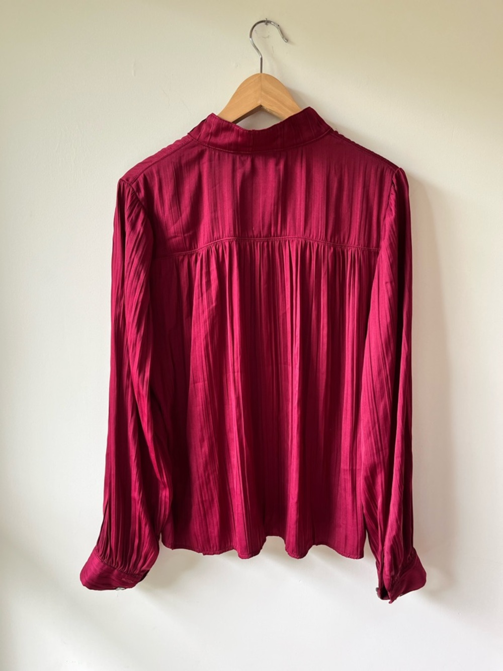 Anthropologie Pleated Button-Front Satin Blouse in Berry Red - Medium - Picture 2 of 6